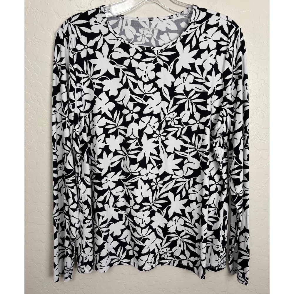 Lands‎ End Womens Large 14-16 Floral Long Sleeve Top Black White Crew Neck 2395